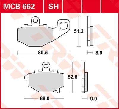 TRW Sinter Street Height 1: 51,2mm, Height 2: 52,6mm, Thickness 1: 8,9mm, Thickness 2: 9,9mm Brake pads MCB662SH buy