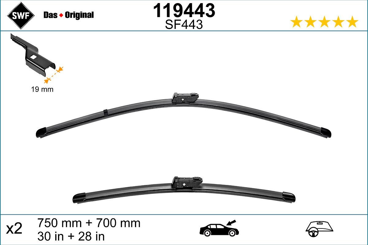SWF VisioFlex 119443 Wiper blade 750, 700 mm Front, Beam, with spoiler, for left-hand drive vehicles