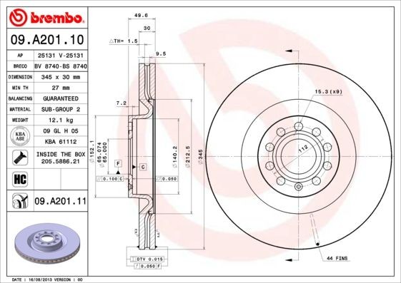 BREMBO COATED DISC LINE 09.A201.11 Brake disc 345x30mm, 5, internally vented, Coated, High-carbon