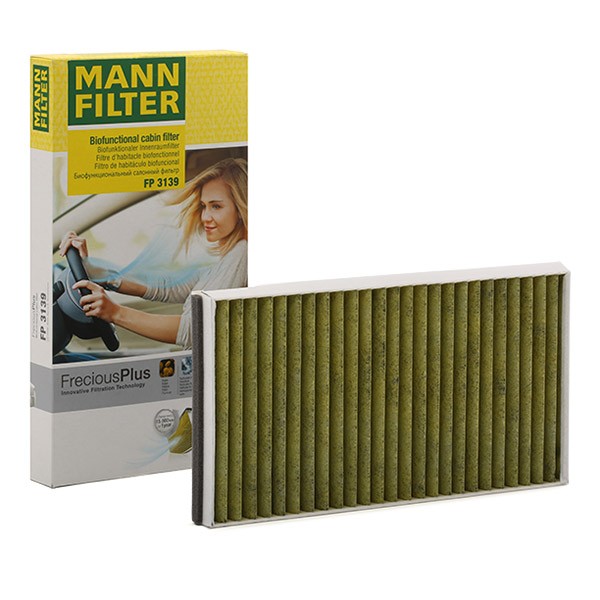 MANN-FILTER Activated Carbon Filter with polyphenol, with antibacterial action, Particulate filter (PM 2.5), with fungicidal effect, Activated Carbon Filter, 320, 322 mm x 173, 170 mm x 31 mm, FreciousPlus Width: 173, 170mm, Height: 31mm, Length: 320, 322mm Cabin filter FP 3139 buy