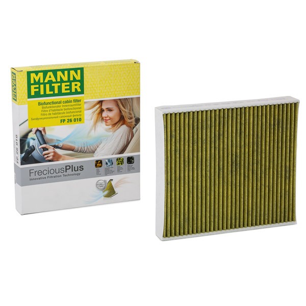 FP 26 010 MANN-FILTER Pollen filter SEAT Activated Carbon Filter with polyphenol, with antibacterial action, Particulate filter (PM 2.5), with fungicidal effect, Activated Carbon Filter, 254 mm x 224 mm x 36 mm, FreciousPlus