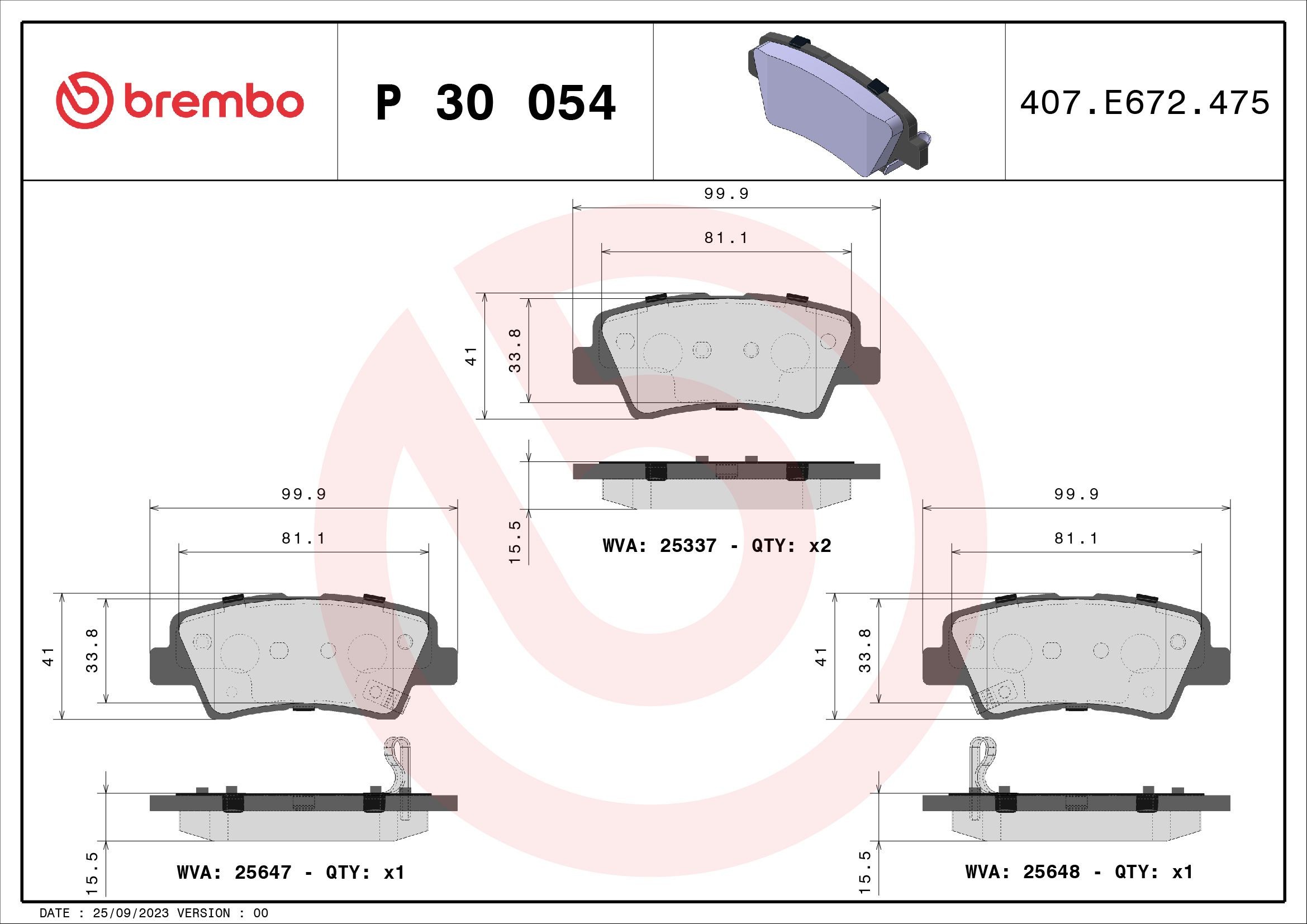 25337 BREMBO P30054 Brake pad set 48413-350D0