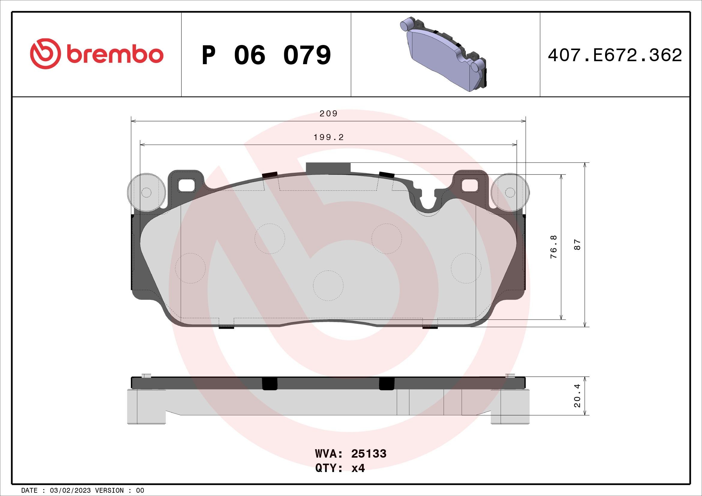25133 BREMBO prepared for wear indicator, without accessories Height: 87mm, Width: 208mm, Thickness: 20mm Brake pads P 06 079 buy