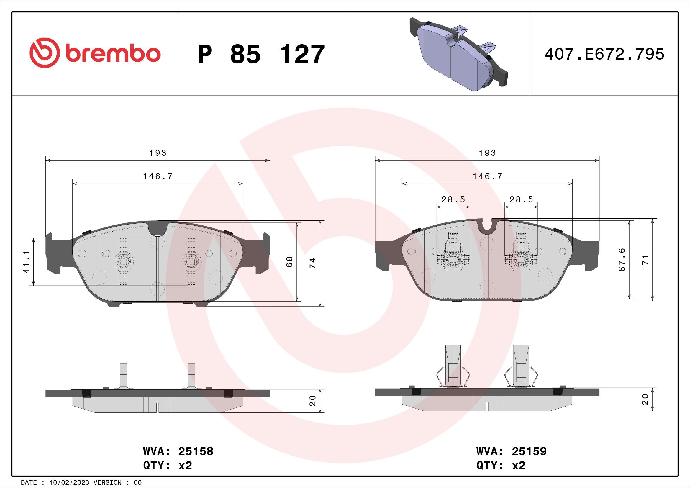 P85127 Set of brake pads D15498758 BREMBO prepared for wear indicator, with piston clip, without accessories