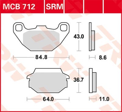 TRW Sinter Maxi Scooter Height 1: 43mm, Height 2: 36,7mm, Thickness 1: 8,6mm, Thickness 2: 11mm Brake pads MCB712SRM buy