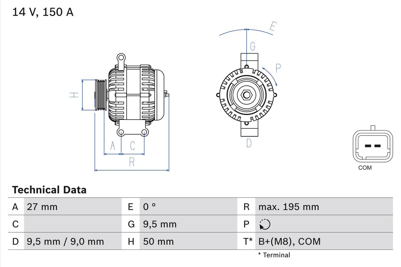 0 986 081 820 BOSCH Generator MINI 14V, 150A, excl. vacuum pump, Ø 49,5 mm