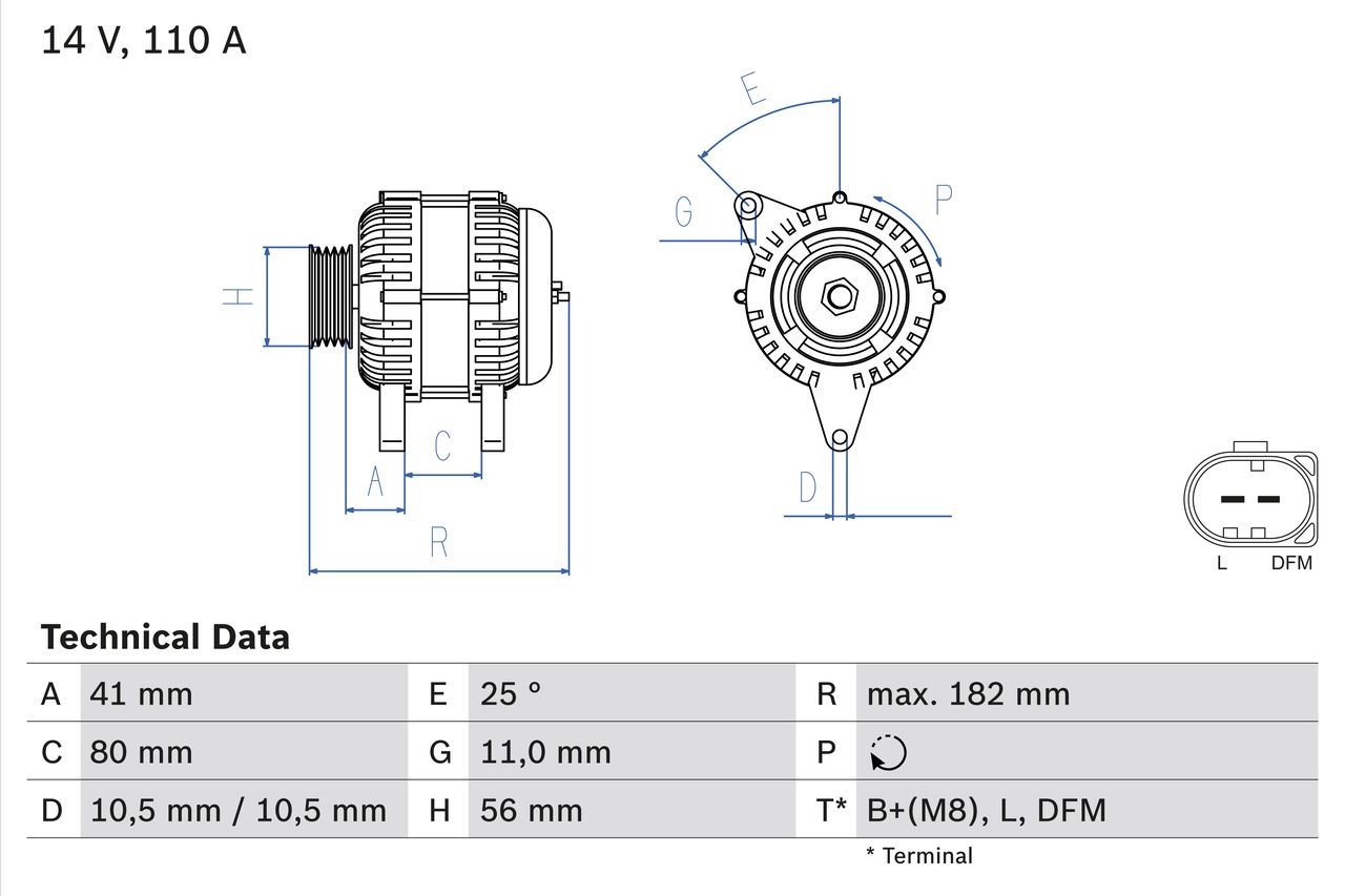 0 986 082 320 BOSCH Generator IVECO 14V, 110A, B+(M8),L,DFM, PL61, excl. vacuum pump, Ø 56 mm