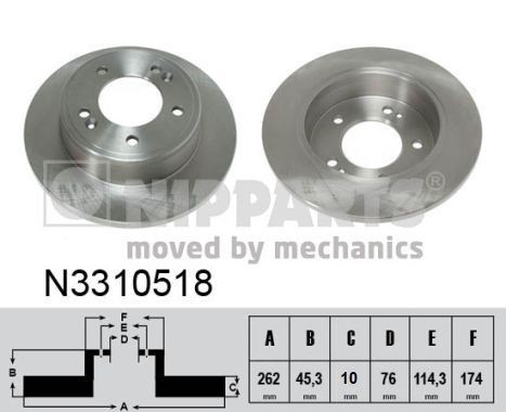 Brake rotors NIPPARTS Rear Axle, 262x10mm, 5x114,3, solid - N3310518