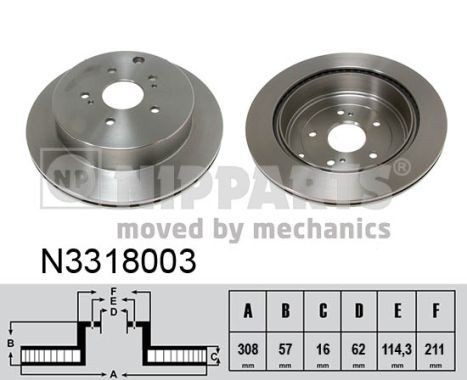 NIPPARTS N3318003 Brake disc Rear Axle, 308x16mm, 5x114,3, internally vented