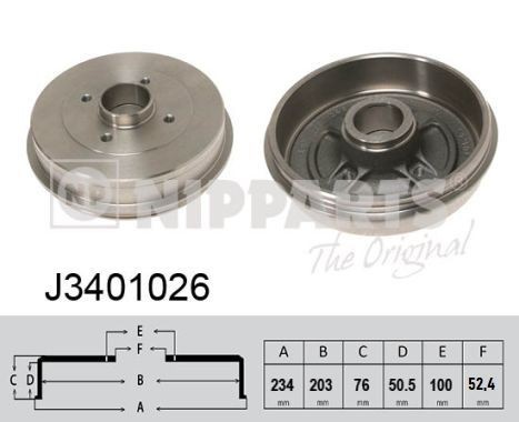 Brake drum NIPPARTS 234mm, Rear Axle - J3401026