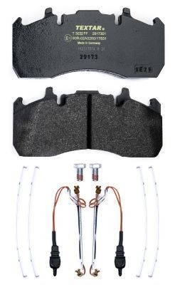 TEXTAR 2917303 Brake pad set WI-fastener, incl. wear warning contact, with brake caliper screws, with accessories