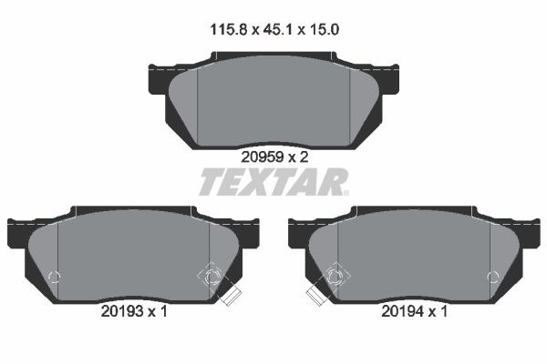 20193 TEXTAR with acoustic wear warning Height: 45,1mm, Width: 115,8mm, Thickness: 15mm Brake pads 2095902 buy