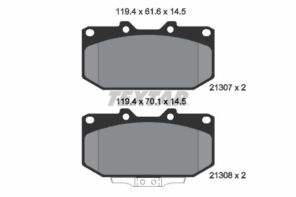 21307 TEXTAR with acoustic wear warning Height 1: 70,1mm, Height 2: 61,6mm, Width: 119,2mm, Thickness: 14,5mm Brake pads 2130701 buy