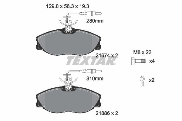 21674 TEXTAR with integrated wear warning contact, with brake caliper screws, with accessories Height: 56,3mm, Width: 129,8mm, Thickness: 19,3mm Brake pads 2167403 buy