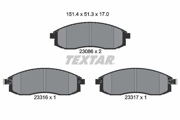 23086 TEXTAR with acoustic wear warning Height: 51,3mm, Width: 151,3mm, Thickness: 17mm Brake pads 2308601 buy