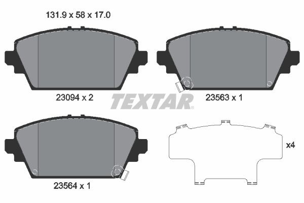 23094 TEXTAR with acoustic wear warning Height: 58,4mm, Width: 131,5mm, Thickness: 17mm Brake pads 2309401 buy