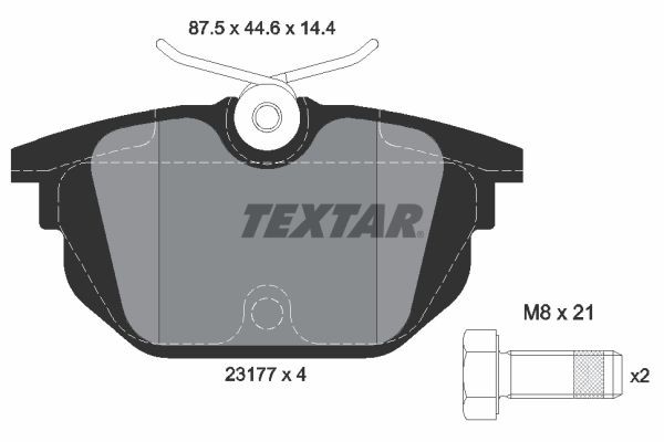23177 TEXTAR not prepared for wear indicator, with brake caliper screws Height: 44,6mm, Width: 87,2mm, Thickness: 14,4mm Brake pads 2317703 buy