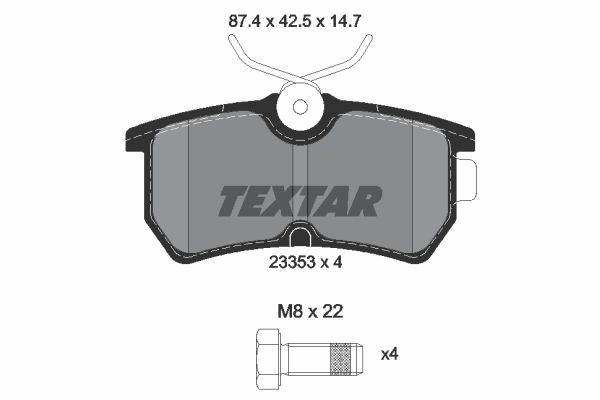23353 TEXTAR not prepared for wear indicator, with brake caliper screws Height: 42,5mm, Width: 87,2mm, Thickness: 14,7mm Brake pads 2335301 buy