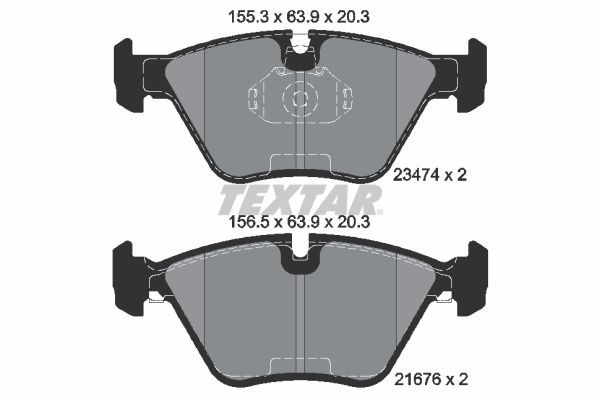 21676 TEXTAR prepared for wear indicator Height 1: 63,9mm, Height 2: 63,9mm, Width 1: 155,1mm, Width 2 [mm]: 156,5mm, Thickness: 20,3mm Brake pads 2347402 buy