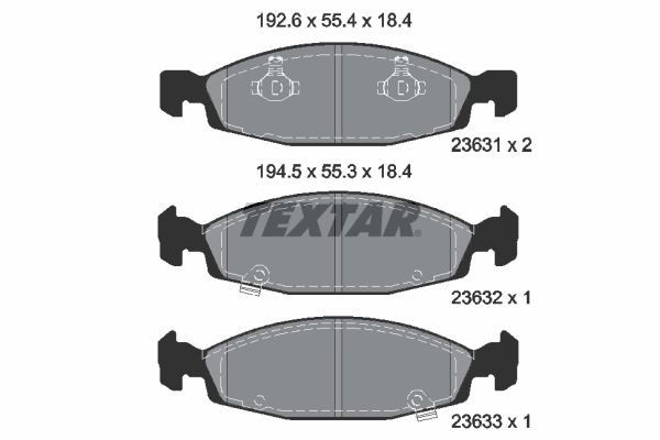 23631 TEXTAR with acoustic wear warning Height 1: 55,3mm, Height 2: 55,4mm, Width 1: 192,6mm, Width 2 [mm]: 194,5mm, Thickness: 18,4mm Brake pads 2363101 buy