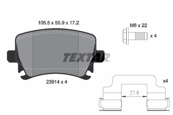 23914 TEXTAR prepared for wear indicator, with brake caliper screws, with accessories Height: 55,9mm, Width: 105,5mm, Thickness: 17,2mm Brake pads 2391402 buy