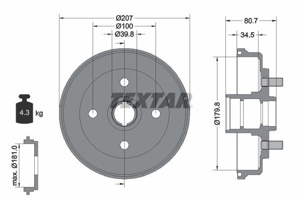 98100 0178 0 1 TEXTAR with wheel hub, without wheel bearing, with wheel studs, 207mm Drum Brake 94017800 buy