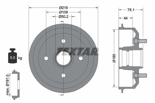 TEXTAR 94018500 Brake Drum with wheel hub, without wheel bearing, with wheel studs, 216mm