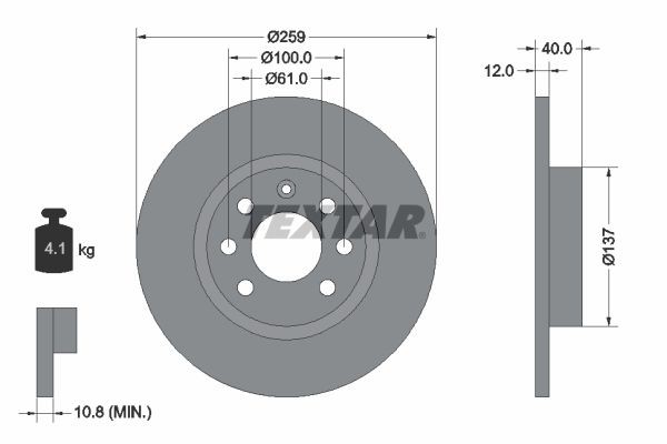 TEXTAR 92050600 Brake disc 259x12mm, 04/07x100, solid
