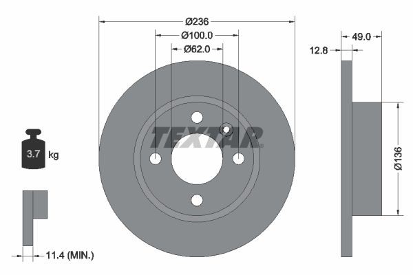 TEXTAR 92090400 Disco freno 236x12,8mm, 04/05x100, pieno, senza mozzo portaruota, senza bullone fissaggio ruota