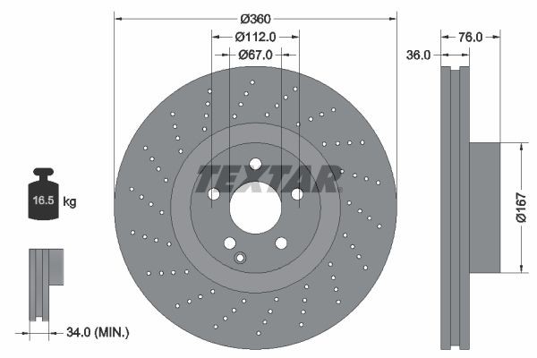 TEXTAR 92124200 Brake disc 360x36mm, 05/06x112, internally vented, Perforated