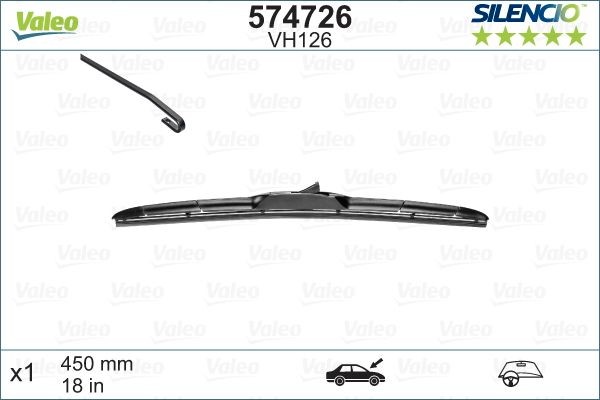 VH126 VALEO SILENCIO HBLADE 450 mm Front, Hybrid Wiper Blade, with spoiler, for left-hand drive vehicles, 18 Inch Styling: with spoiler, Left-/right-hand drive vehicles: for left-hand drive vehicles Wiper blades 574726 buy