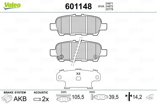 VALEO 601148 Brake pad set Rear Axle, incl. wear warning contact, with anti-squeak plate