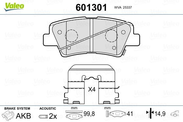 VALEO Rear Axle, incl. wear warning contact, with anti-squeak plate, with slide rails Height: 41mm, Width: 100mm, Thickness: 14,9mm Brake pads 601301 buy