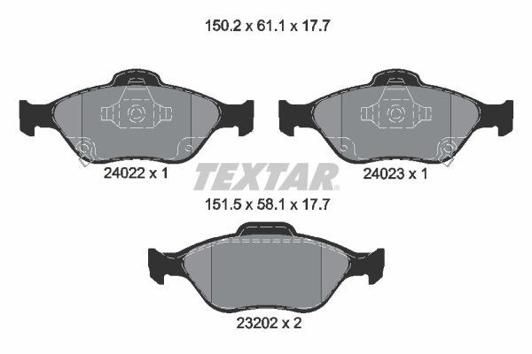 23202 TEXTAR with acoustic wear warning Height 1: 61mm, Height 2: 58,1mm, Width 1: 150,2mm, Width 2 [mm]: 151,5mm, Thickness: 17,7mm Brake pads 2402201 buy