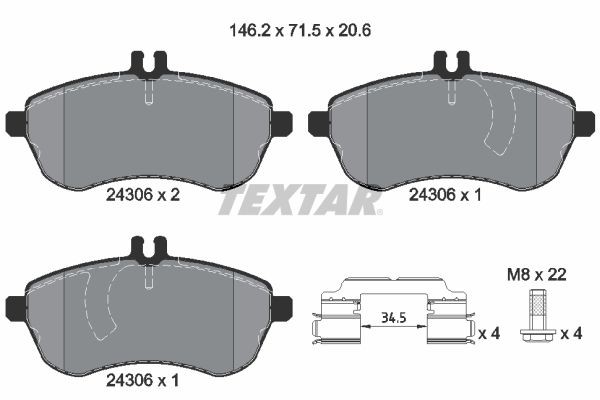 2430601 Set of brake pads 2430601 TEXTAR prepared for wear indicator, with brake caliper screws, with accessories