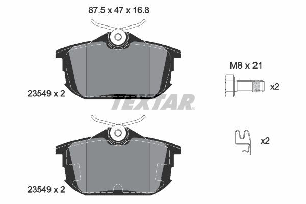 23549 TEXTAR with acoustic wear warning, with brake caliper screws, with accessories Height: 47,1mm, Width: 87,2mm, Thickness: 16,8mm Brake pads 2354901 buy