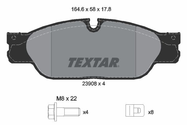 23908 TEXTAR prepared for wear indicator, with brake caliper screws, with accessories Height: 58mm, Width: 164,6mm, Thickness: 17,8mm Brake pads 2390801 buy