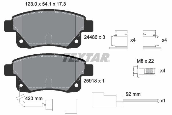 24486 TEXTAR incl. wear warning contact, with brake caliper screws, with accessories Height: 54,1mm, Width: 122,8mm, Thickness: 17,3mm Brake pads 2448601 buy