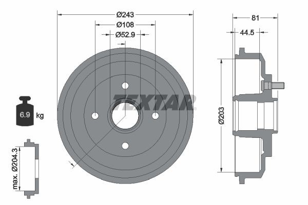 TEXTAR 94026700 Brake Drum with wheel hub, without wheel bearing, with wheel studs, 243mm