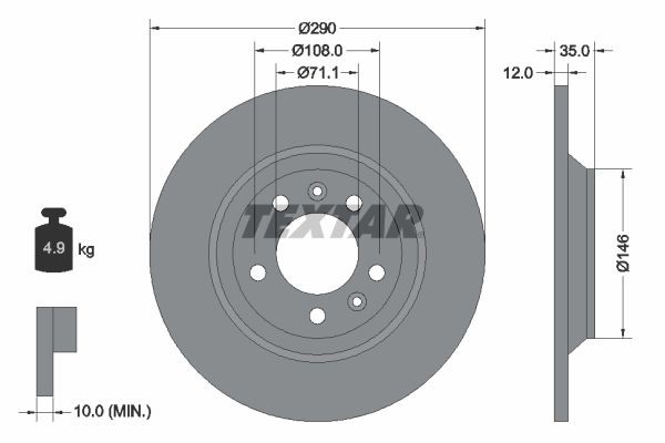 98200 1296 0 1 TEXTAR 290x12mm, 05/07x108, solid Ø: 290mm, Brake Disc Thickness: 12mm Brake rotor 92129600 buy