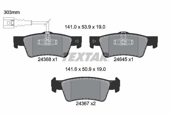 24367 TEXTAR with integrated wear warning contact Height 1: 50,9mm, Height 2: 53,9mm, Width 1: 141,6mm, Width 2 [mm]: 141mm, Thickness: 19mm Brake pads 2436801 buy
