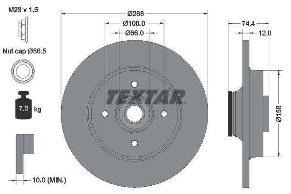 98200 1687 0 1 TEXTAR 268x12mm, 04/04x108, solid Ø: 268mm, Brake Disc Thickness: 12mm Brake rotor 92168700 buy
