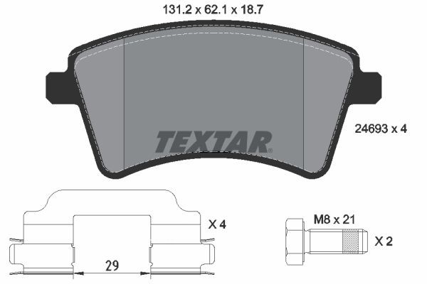 24693 TEXTAR not prepared for wear indicator, with brake caliper screws, with accessories Height: 62,1mm, Width: 131,2mm, Thickness: 18,7mm Brake pads 2469301 buy