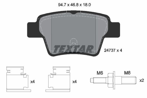 TEXTAR 2473701 Brake pad set not prepared for wear indicator, with brake caliper screws, with accessories
