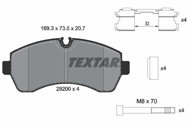 29200 TEXTAR prepared for wear indicator, with brake caliper screws, with accessories Height: 73,4mm, Width: 169,3mm, Thickness: 20,7mm Brake pads 2920002 buy