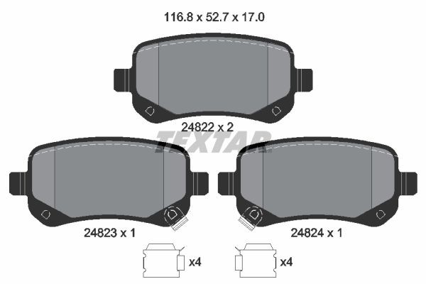 24822 TEXTAR with acoustic wear warning, with accessories Height: 52,7mm, Width: 116,8mm, Thickness: 17mm Brake pads 2482201 buy