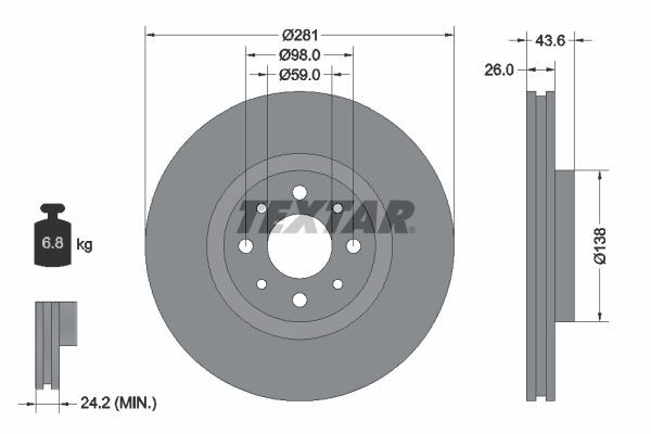 92107703 TEXTAR Brake rotors CHRYSLER 281x26mm, 04/08x98, internally vented, Coated