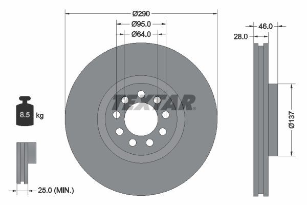 TEXTAR 92155700 Brake disc 290x28mm, 09/09x95, internally vented