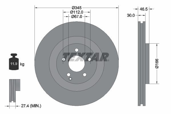 TEXTAR PRO 92123603 Brake disc 345x30mm, 05/06x112, internally vented, Coated