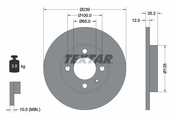 TEXTAR PRO 92010603 Brake disc 239x12mm, 04/05x100, solid, Coated